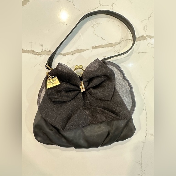 VTG Jeanne Lottie Black Satin Gold Trim and Jeweled Large Bow Strap Small Purse - Picture 3 of 6